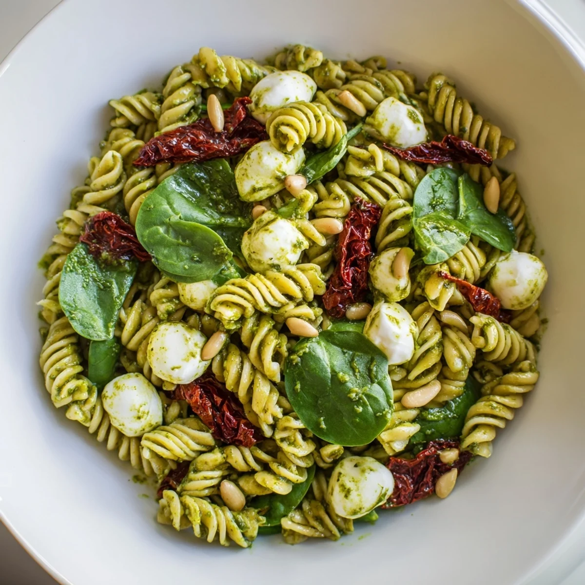 Vibrant pesto pasta salad with sun-dried tomatoes, mozzarella, and toasted pine nuts is ready to serve.