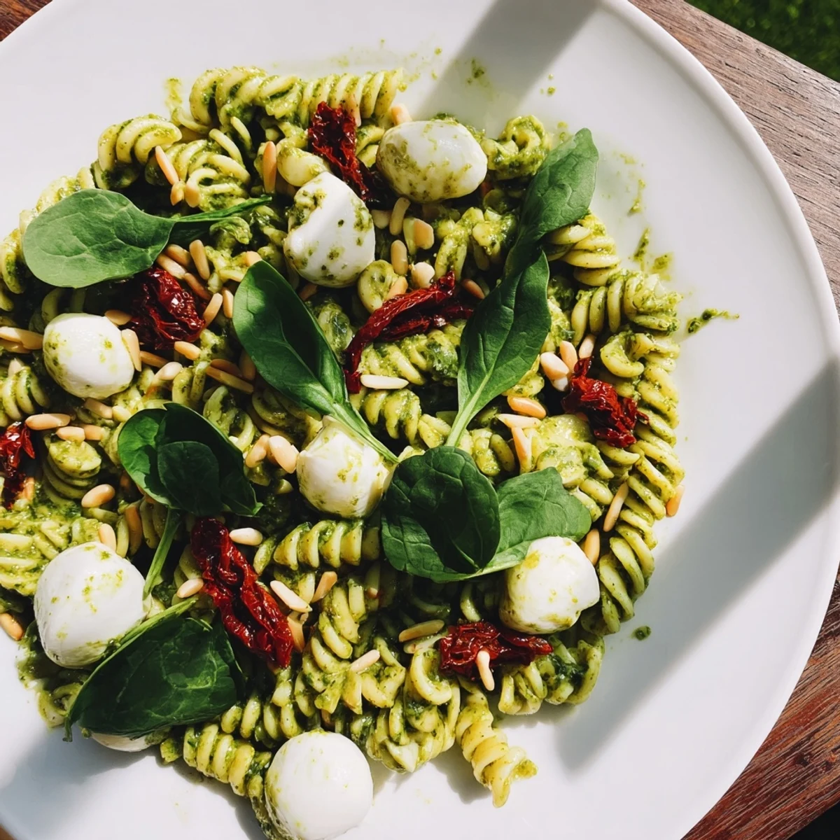 A colorful bowl of creamy pesto pasta salad, perfect for a picnic or summer lunch with fresh basil.