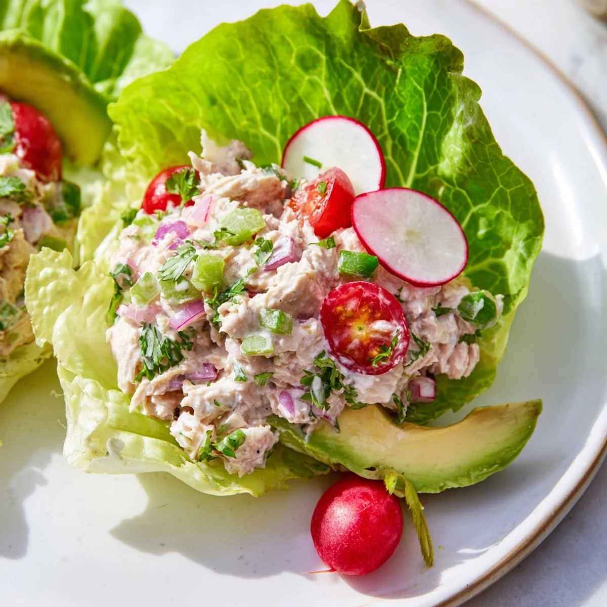 Freshly made Tuna Salad Lettuce Wraps, featuring creamy tuna with crisp vegetables, ready to eat.