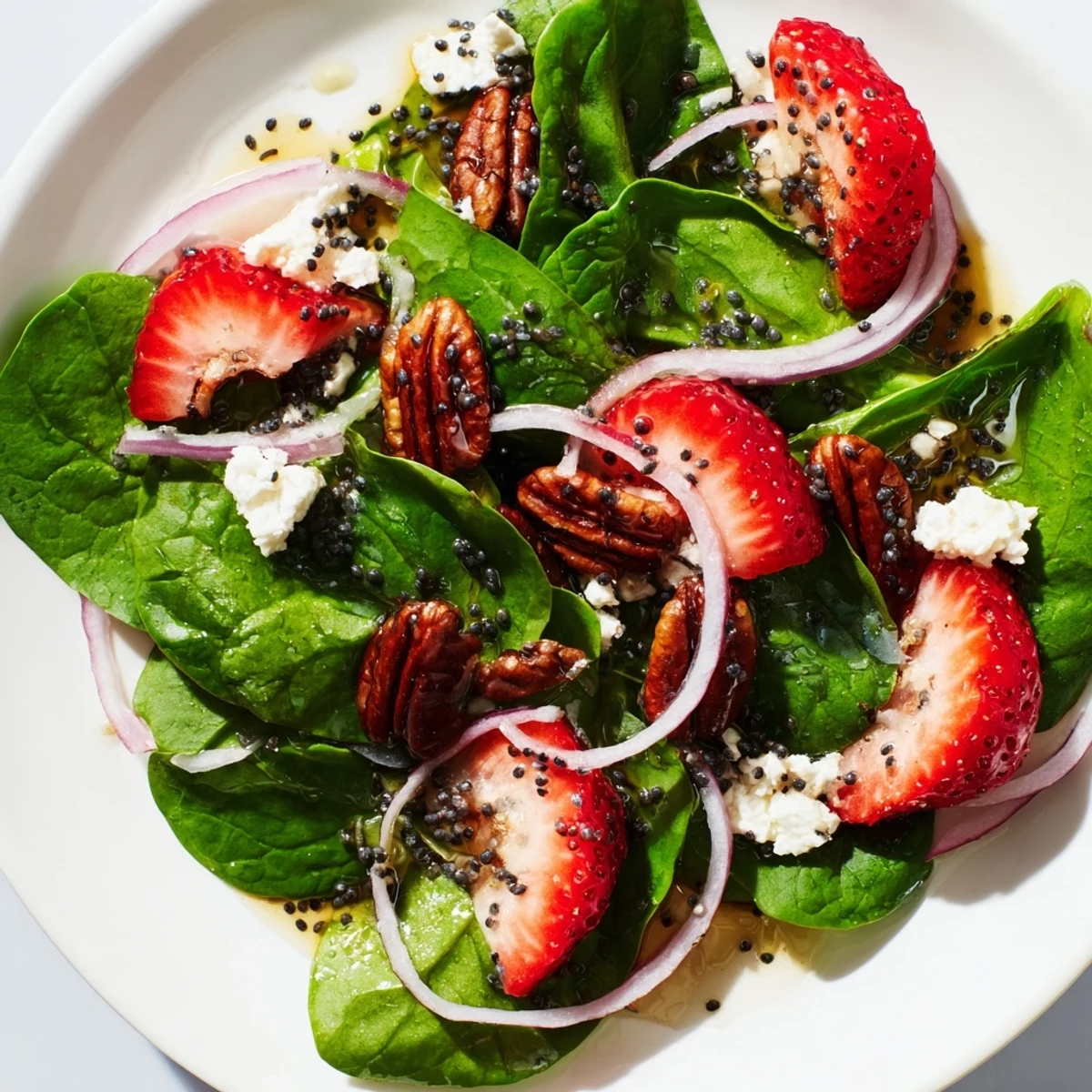 Vibrant close-up of Strawberry Spinach Salad, showing fresh berries and candied pecans glistening.