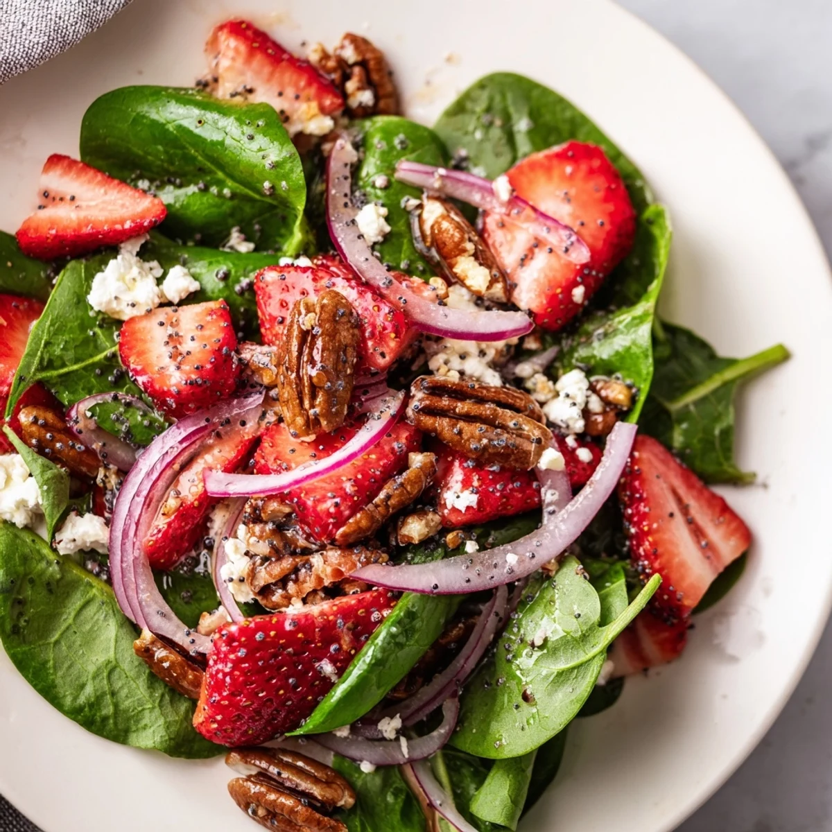 A bright bowl of Strawberry Spinach Salad, ready to eat with a creamy poppy seed dressing.