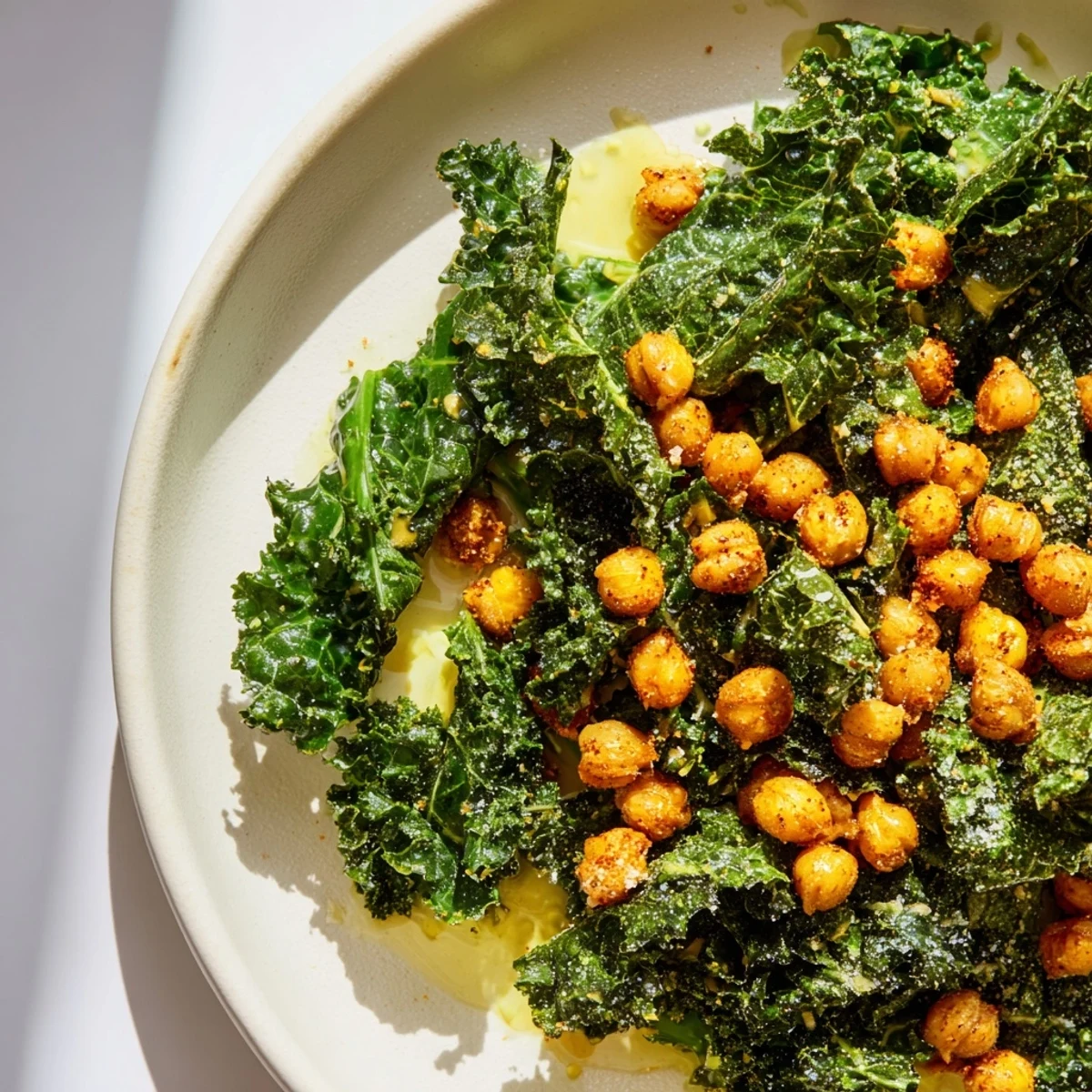 Crispy chickpeas top a Warm Kale Salad, offering a delightful crunch alongside tender, dressed greens.
