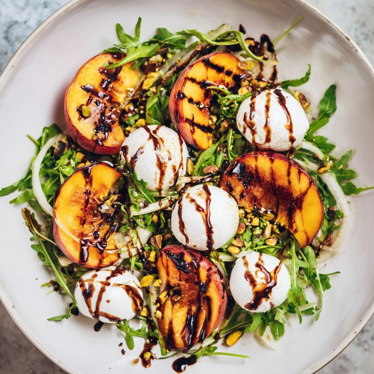 A beautiful plate of Grilled Peach Salad featuring balsamic glaze drizzled over burrata and peaches.
