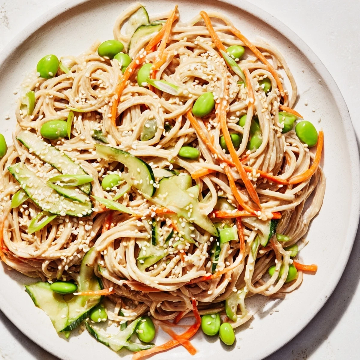 Vibrant Asian Sesame Noodle Salad, a flavorful cold dish with crunchy vegetables and creamy sesame dressing.
