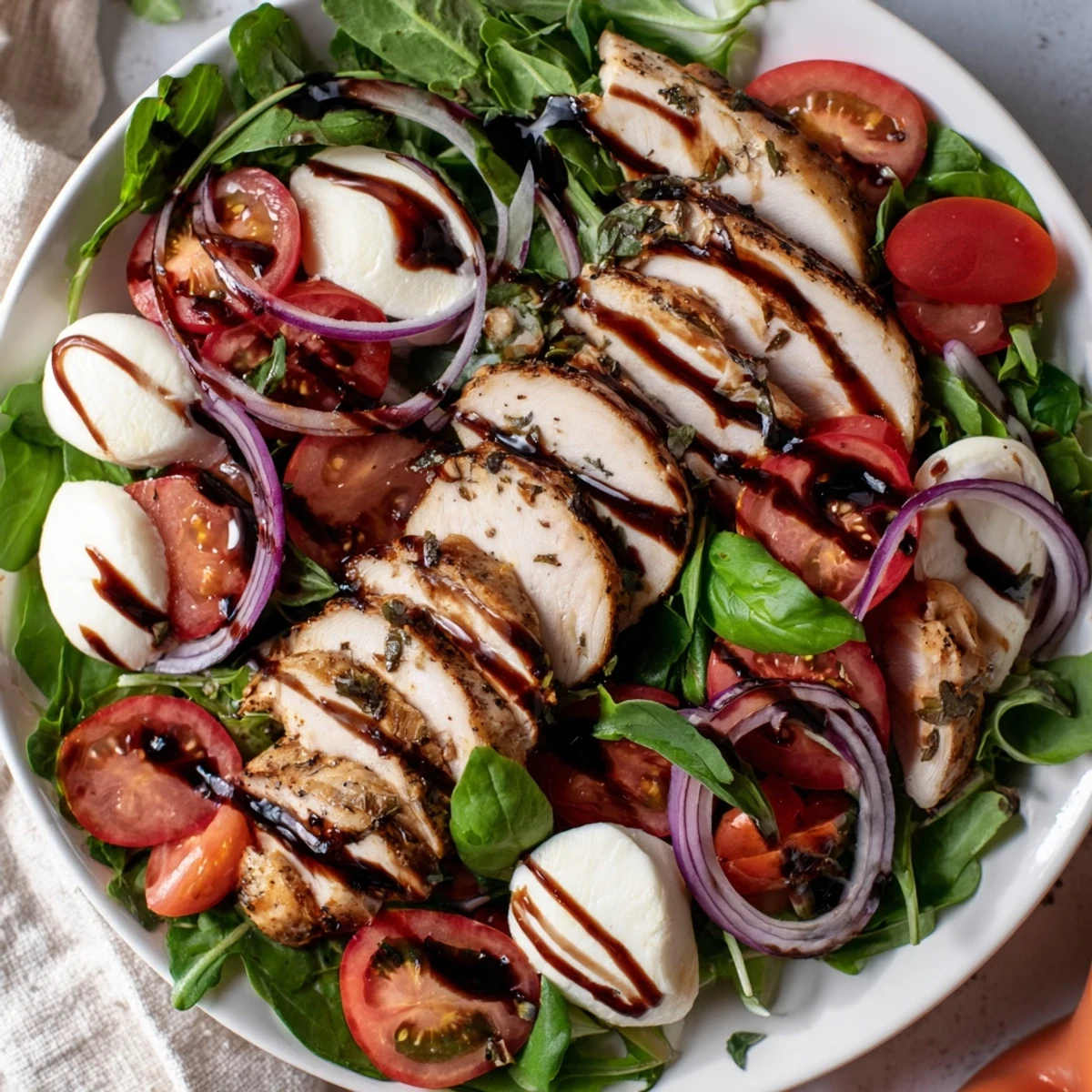 Grilled Caprese Chicken Salad with juicy grilled chicken, ripe tomatoes, fresh mozzarella, and balsamic glaze.