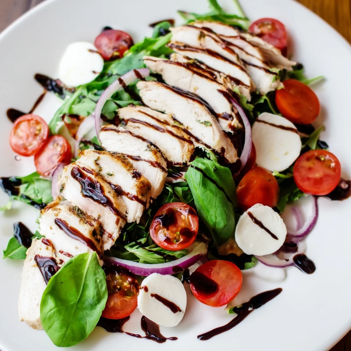 This Caprese Chicken Salad features tender chicken, vibrant tomatoes, and a tangy balsamic reduction on greens.