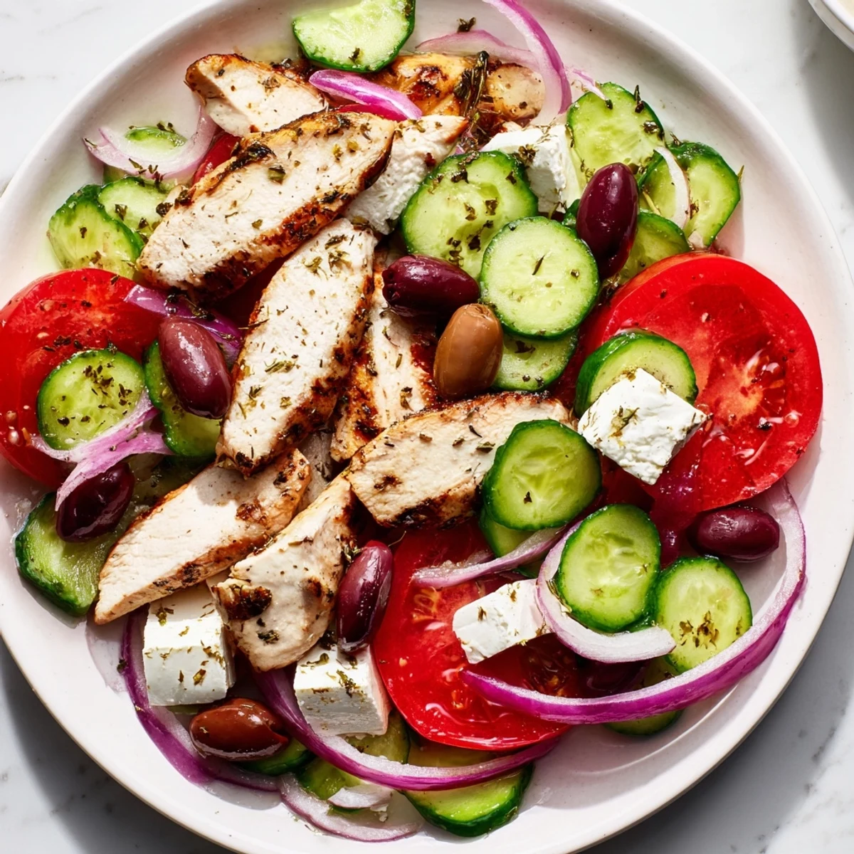 Tender grilled chicken tops a colorful Greek salad with fresh tomatoes and feta.