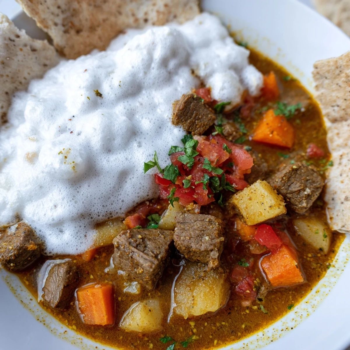 Aromatic Yemeni Saltah stew brimming with tender meat, vegetables, and a creamy fenugreek topping, ready to savor.