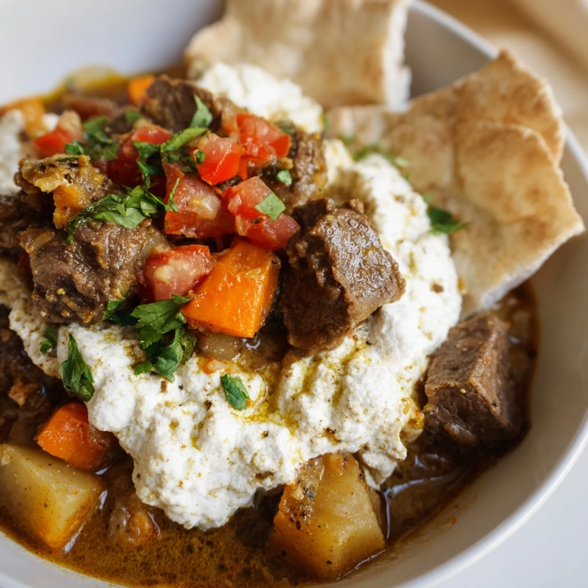 This vibrant photo shows a steaming bowl of Yemeni Saltah stew with fluffy fenugreek topping served with bread.