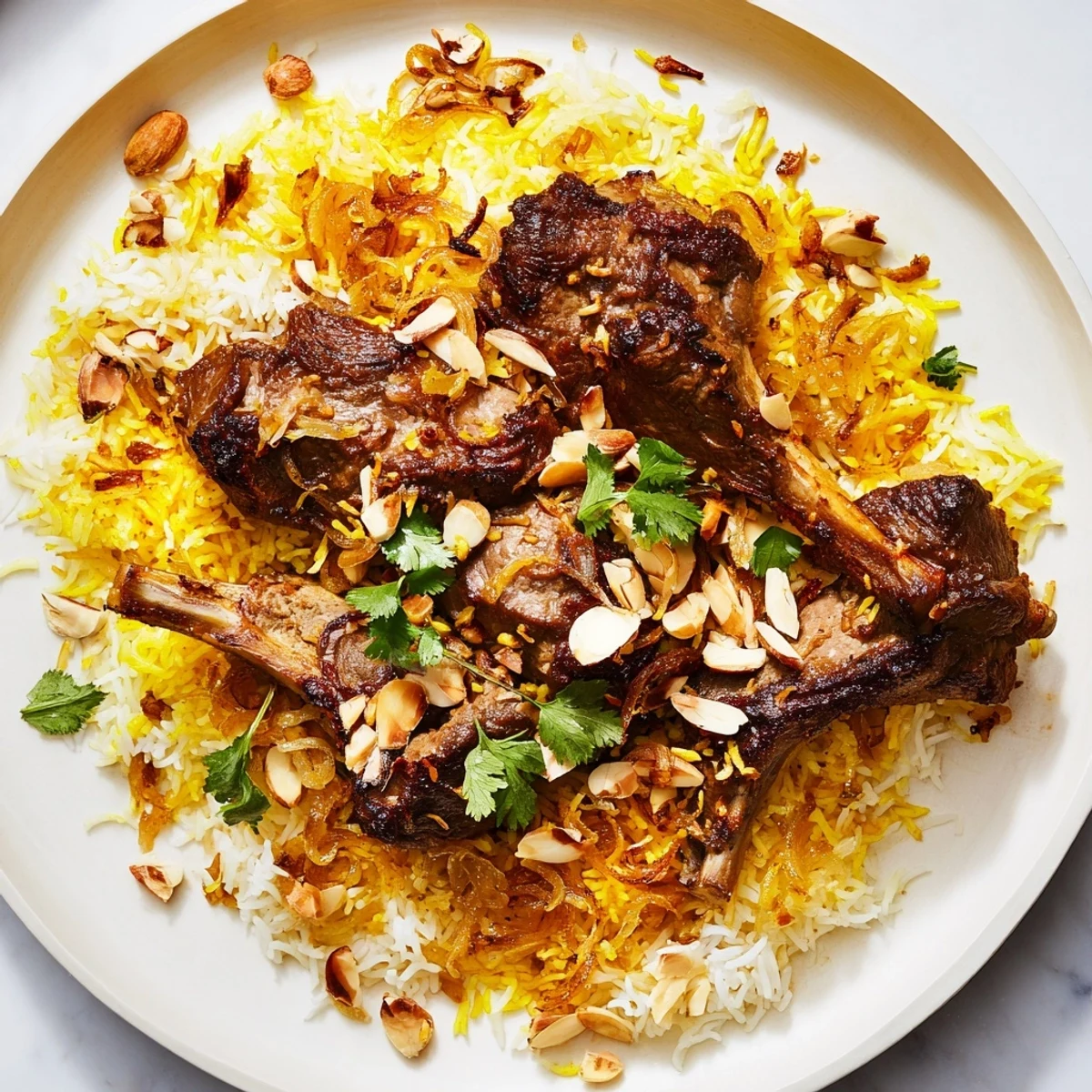 A steaming plate of Qatari Majboos features fluffy rice and tender lamb with herbs.