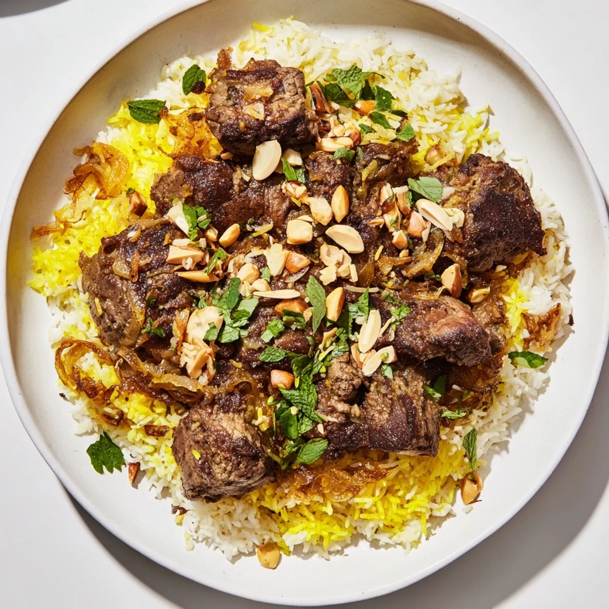 Enjoy savory Qatari Majboos, the beautifully spiced lamb and rice filling the senses.