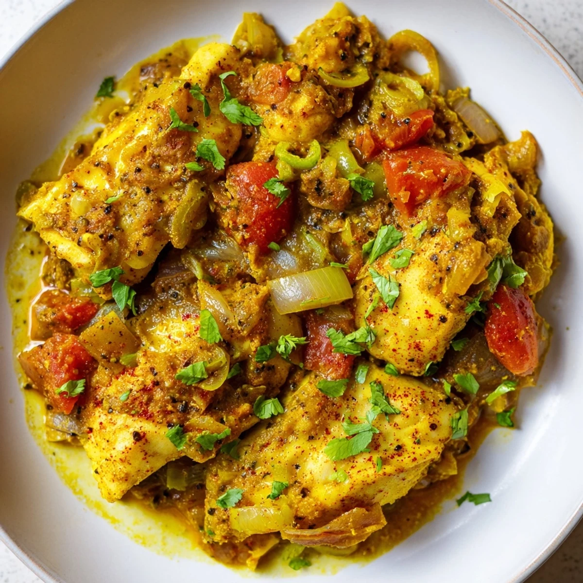 Garnish of cilantro brightens a bowl of flavorful Bahraini Fish Curry, a delicious Middle Eastern dish.