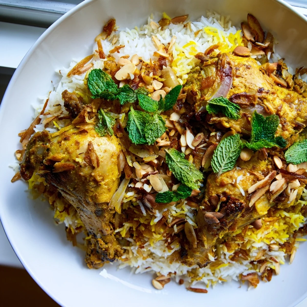 Golden-hued Kuwaiti Biryani Rice served on a platter, ready to be enjoyed with flavorful meat and spices.