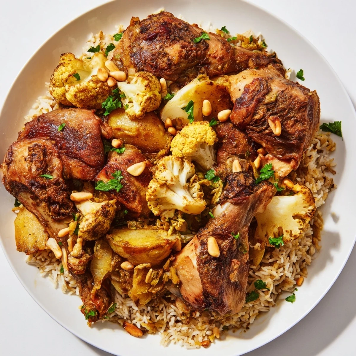 The inverted Palestinian Maklouba dish reveals tender chicken and vegetables, a flavorful feast, garnished and ready.