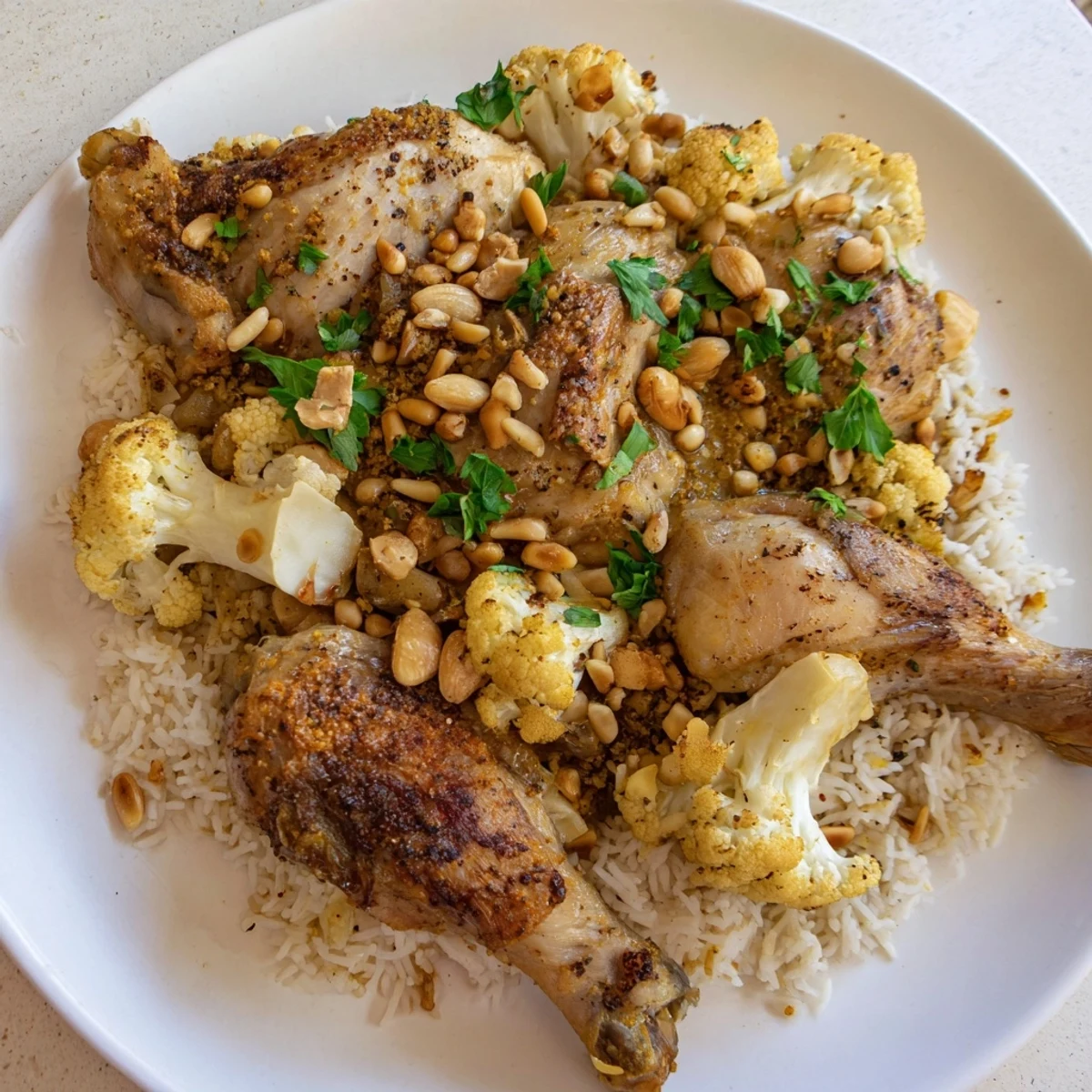 A beautiful layered Palestinian Maklouba, showcasing tender chicken and fragrant spiced rice, ready to serve.