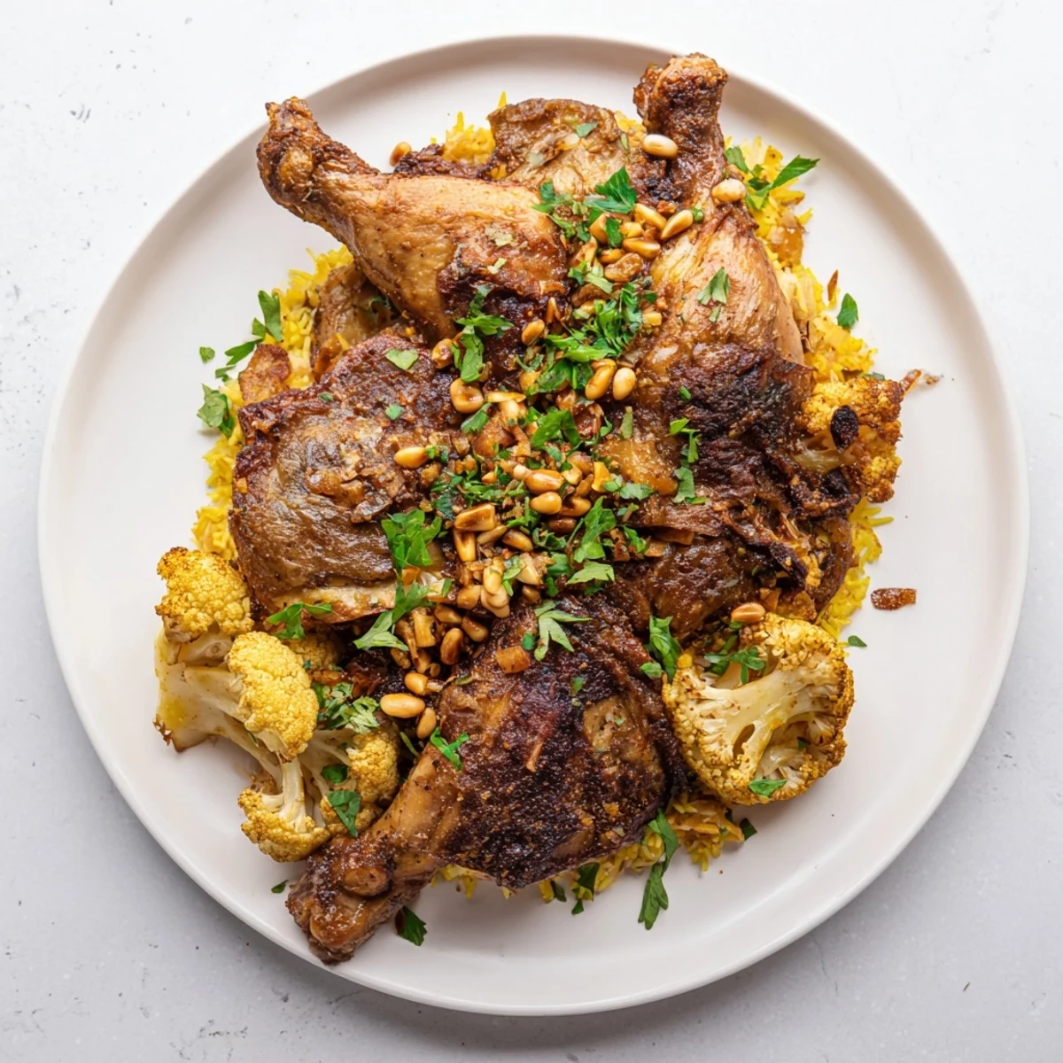 Imagine a steaming plate of authentic Palestinian Maklouba: fluffy rice, tender chicken, and crispy fried vegetables.