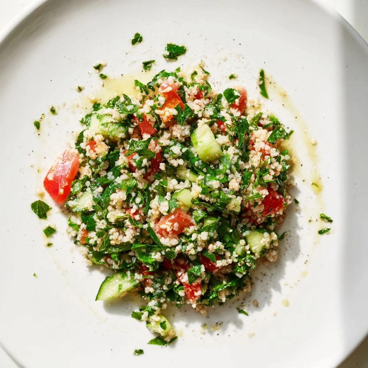 Close-up of a flavorful Lebanese Tabbouleh Salad, showing the herbs, bulgur, and juicy tomatoes.