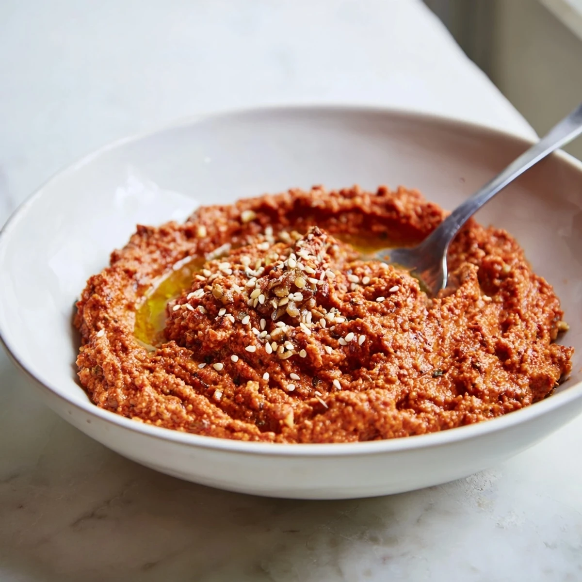 Smoky roasted red peppers and walnuts combine in this vibrant Syrian muhammara appetizer.
