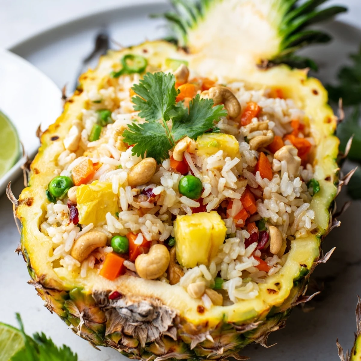Savory Thai Pineapple Fried Rice with fresh veggies, cashews, served in a tropical shell.