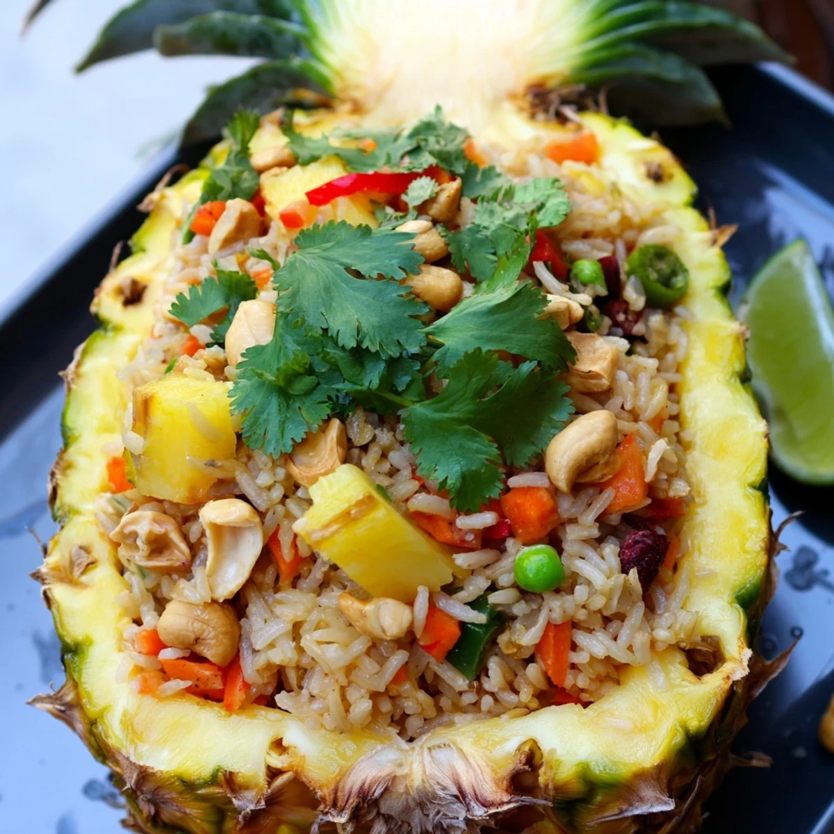 Mouthwatering Pineapple Fried Rice packed with flavor, ready to be enjoyed with lime wedges.