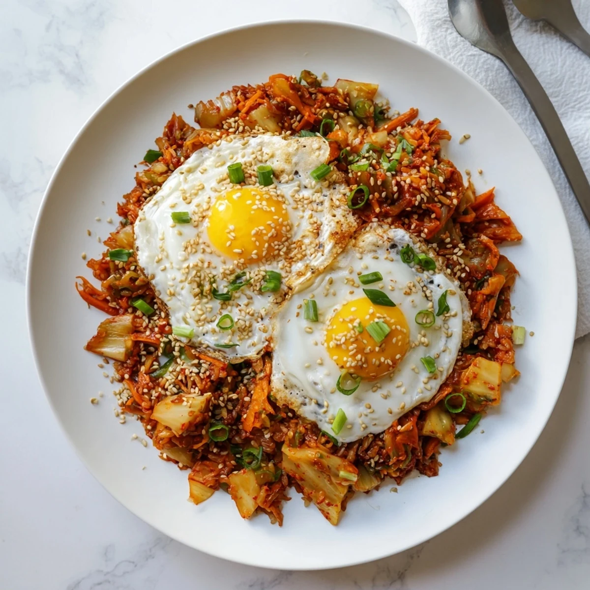 Kimchi Fried Rice with colorful vegetables, gochujang sauce, and a drizzle of sesame oil.  