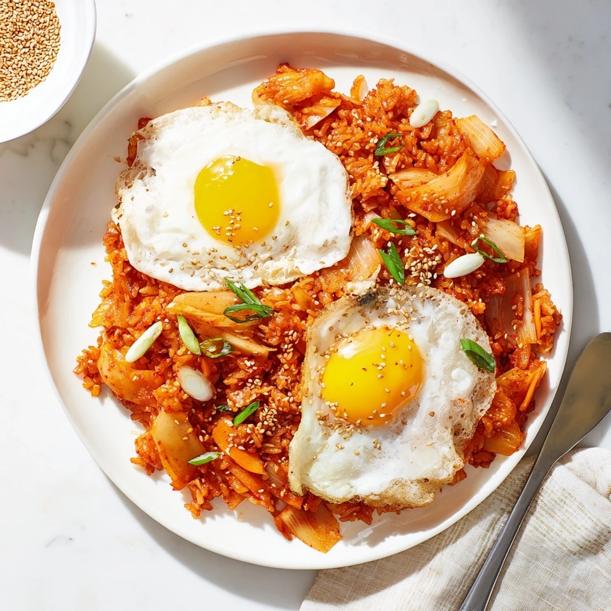 Spicy Kimchi Fried Rice served in a bowl, garnished with green onions and sesame seeds.
