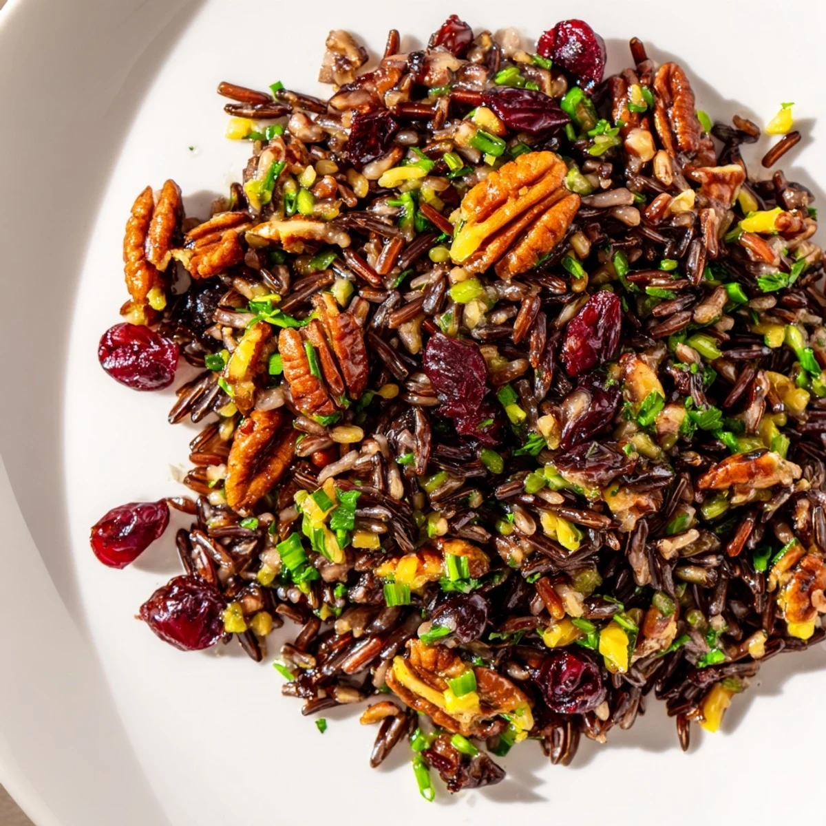Nutty Wild Rice Harvest Salad tossed with tart cranberries, toasted pecans, and fresh herbs on a rustic table.