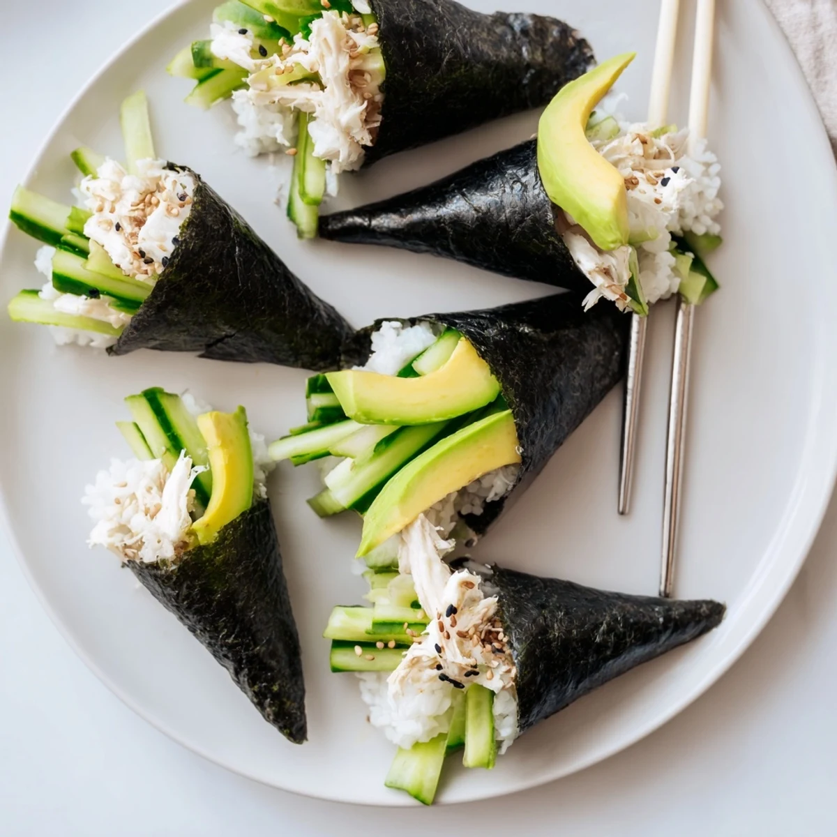 Eight homemade Sushi Rice Hand Rolls are neatly arranged on a wooden board with fillings peeking out. Fresh crab and creamy avocado slices are visible inside the nori cones. A small dish of soy sauce and wasabi sits beside them.