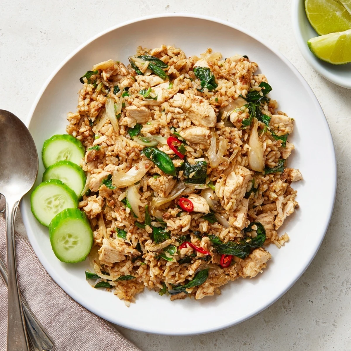 Thai Basil Chicken Fried Rice plated with vibrant red bell peppers, minced garlic, and golden chicken, ready to enjoy with a squeeze of lime.