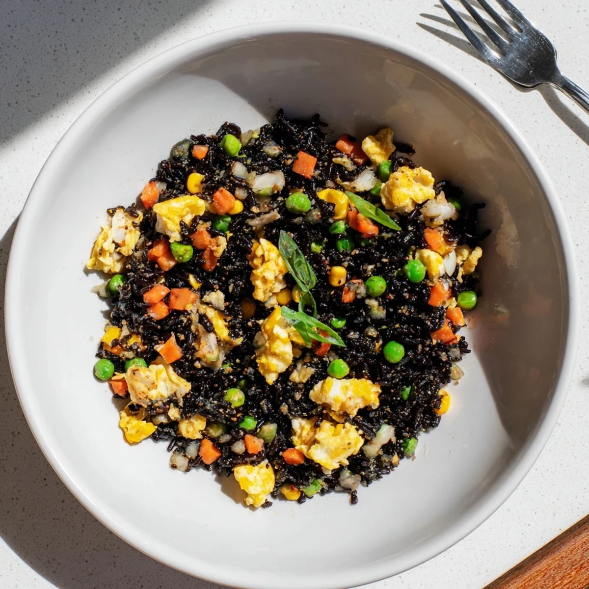 A close-up of Black Garlic Fried Rice with peas and carrots, topped with fresh green scallions for a vibrant, savory meal.  