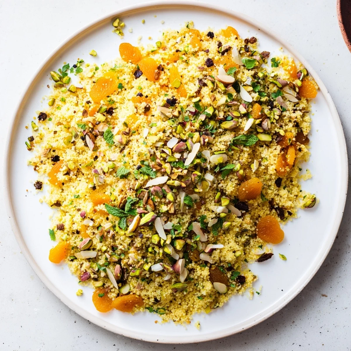 Golden couscous pilaf with dried apricots, raisins, and toasted almonds served warm in a bowl.