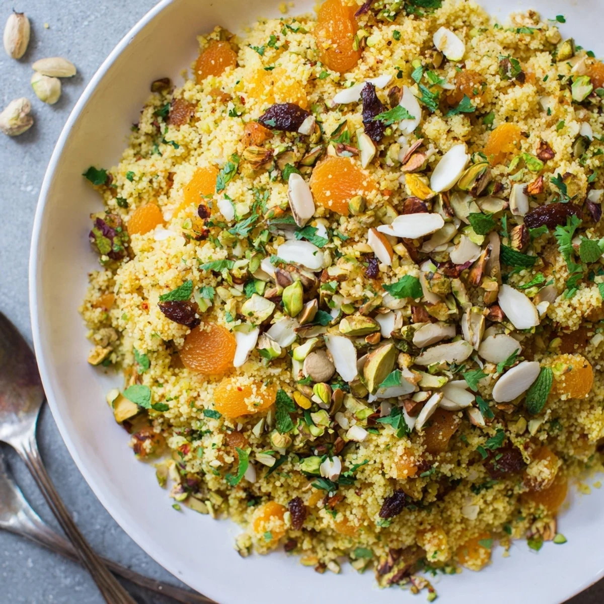 Colorful couscous pilaf side dish topped with toasted nuts and dried fruit, paired with lemon wedges.