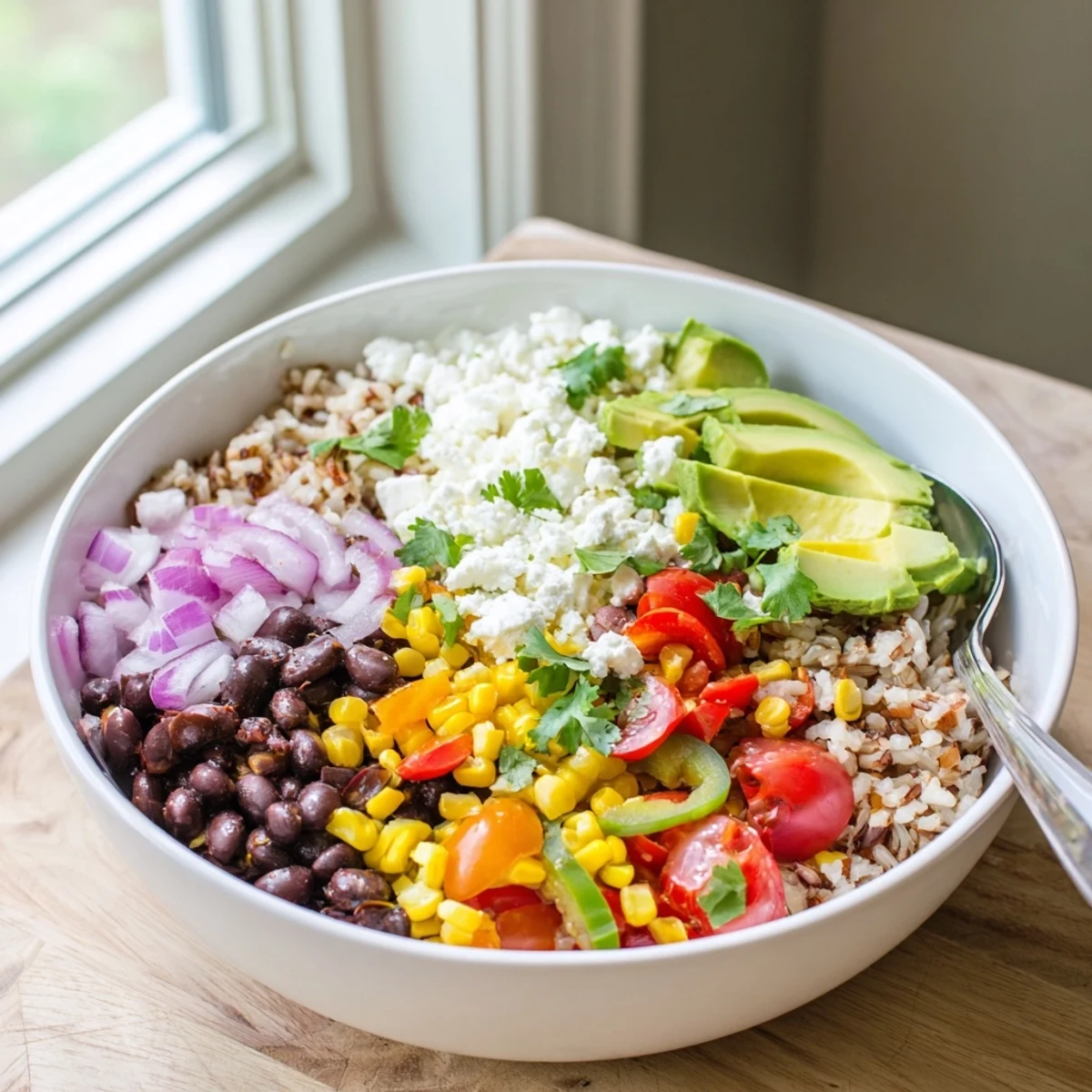 Healthy brown rice burrito bowl topped with black beans, veggies, cheese, sour cream, cilantro, and lime wedges for serving.