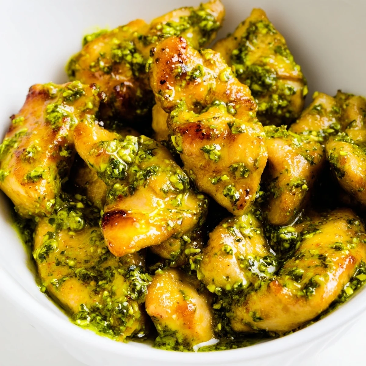 Warm, tender pesto-coated chicken rests on fluffy white rice in this vibrant Chicken Pesto Rice Bowl, topped with diced tomatoes and fresh basil.