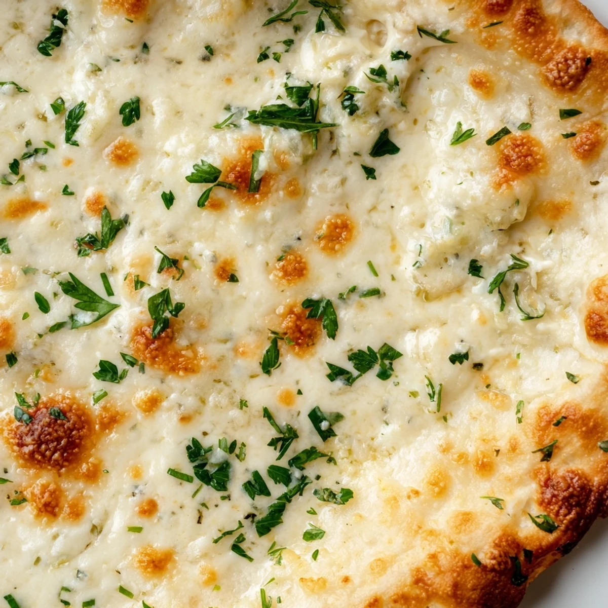A close-up of Creamy Garlic White Pizza with bubbling mozzarella on a crisp crust, drizzled with garlic cream sauce.