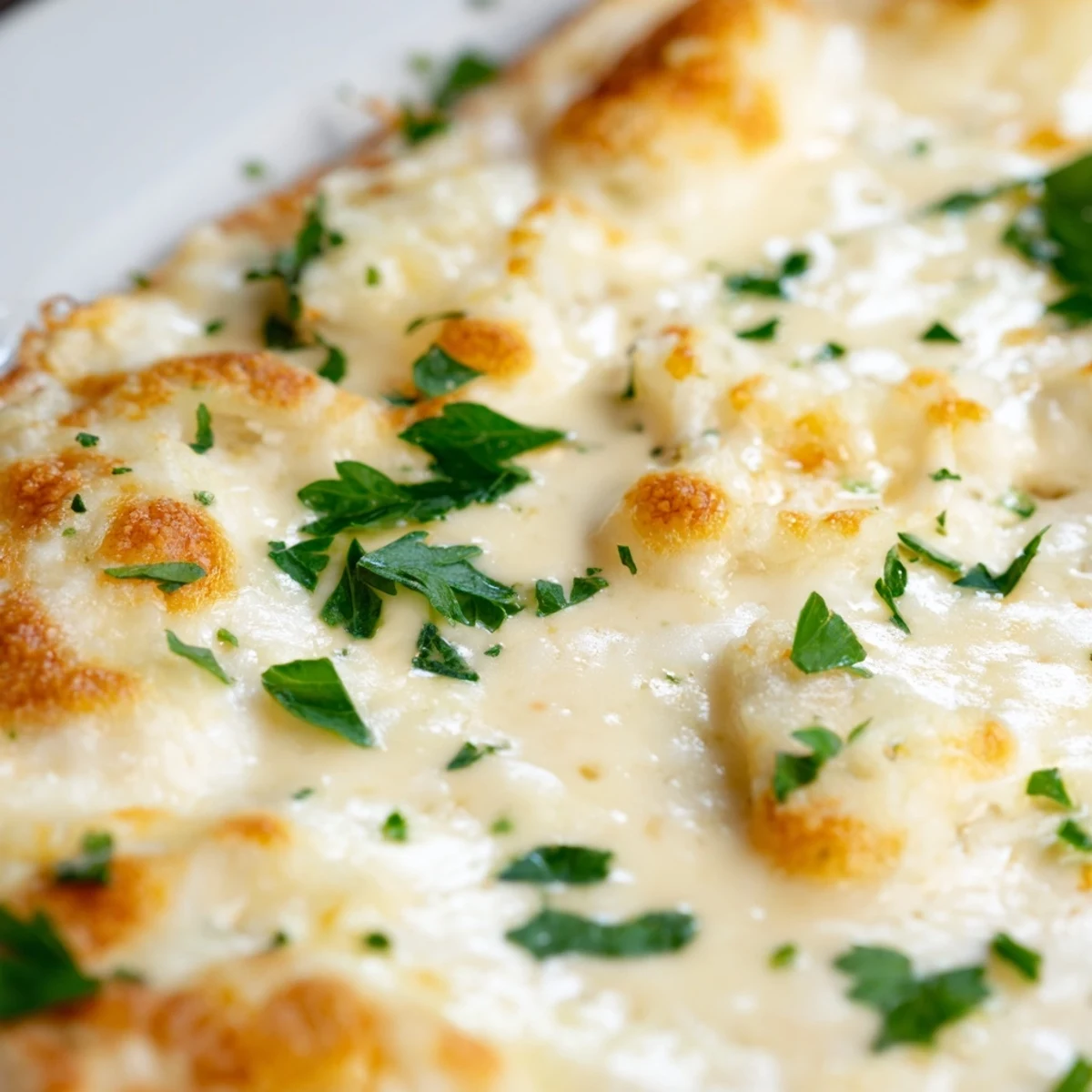 Freshly baked Creamy Garlic White Pizza on a wooden board, garnished with parsley and ready to serve hot.