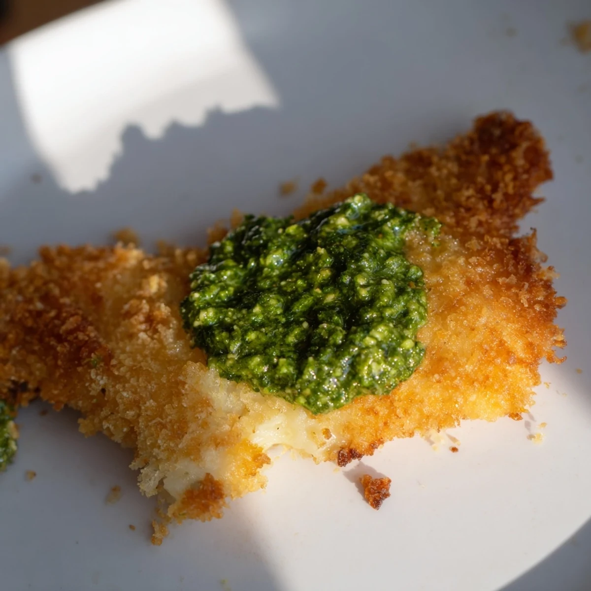 A close-up of Crispy Pesto Chicken Cutlets with crunchy Parmesan breadcrumbs and fresh basil on a wooden board.