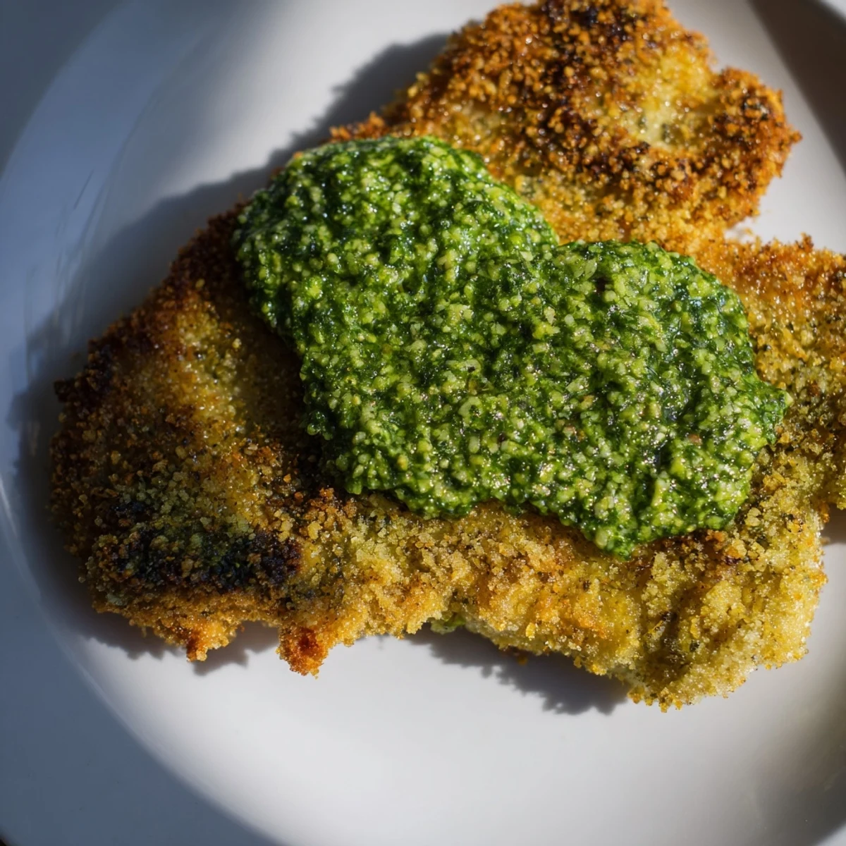 Golden Crispy Pesto Chicken Cutlets are pan-fried until golden and served with a vibrant green basil pesto drizzle.
