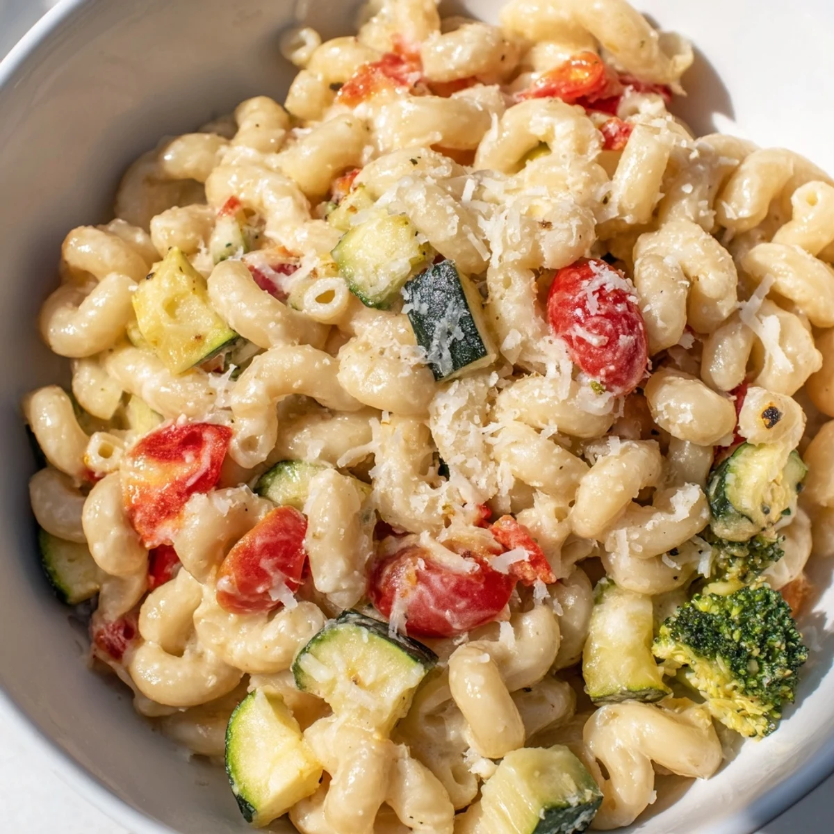 A steaming bowl of homemade Roasted Veggie Mac & Cheese features golden elbows coated in creamy cheese sauce.