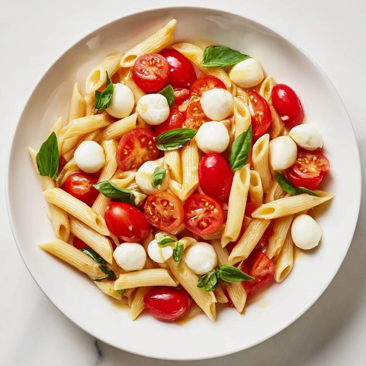 Brightly colored Caprese Salad Pasta in a white bowl, featuring halved cherry tomatoes, creamy mozzarella pearls, and torn fresh basil leaves over penne.  