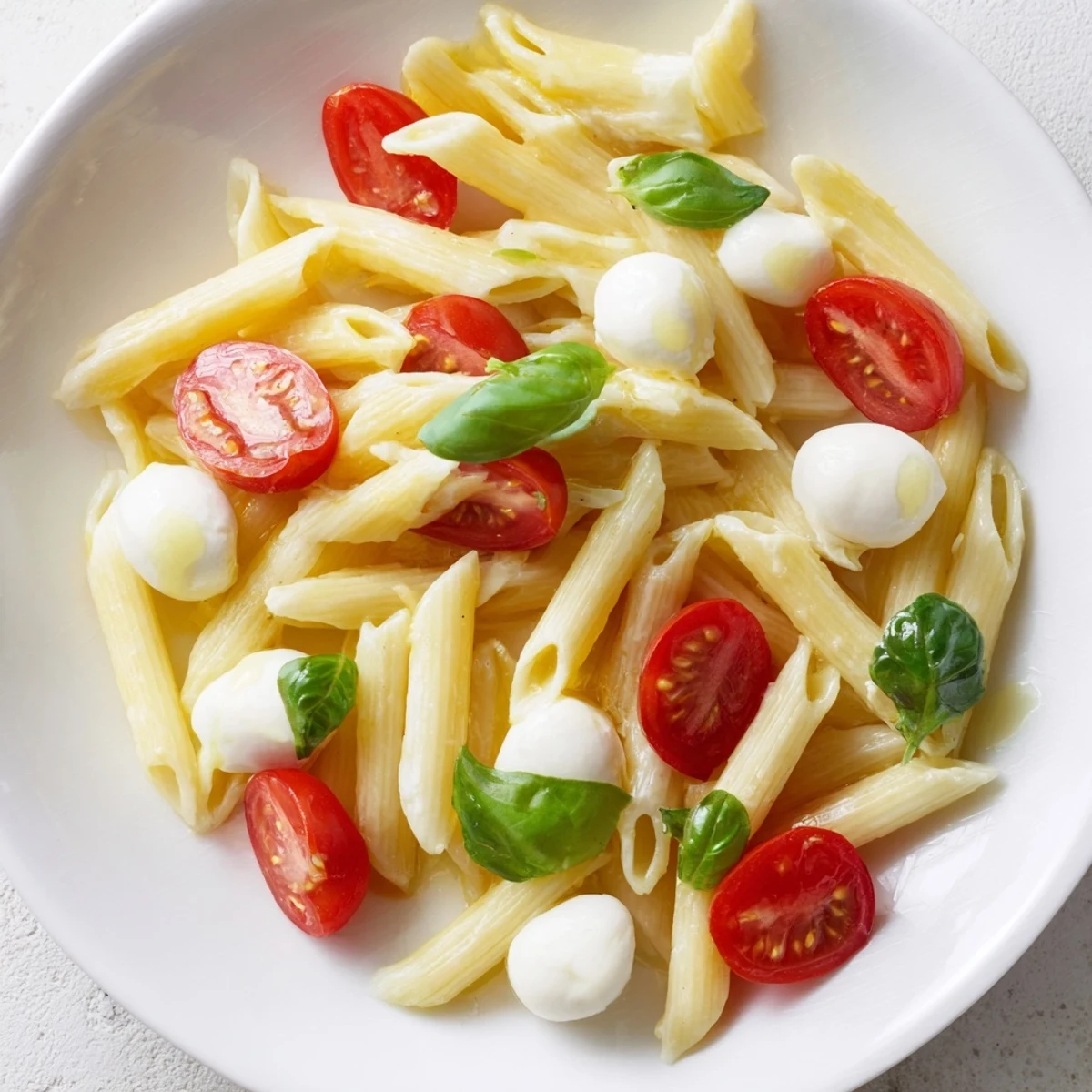 A close-up of Caprese Salad Pasta tossed in olive oil with glistening mozzarella pearls and vibrant cherry tomato halves, garnished with fresh basil.  