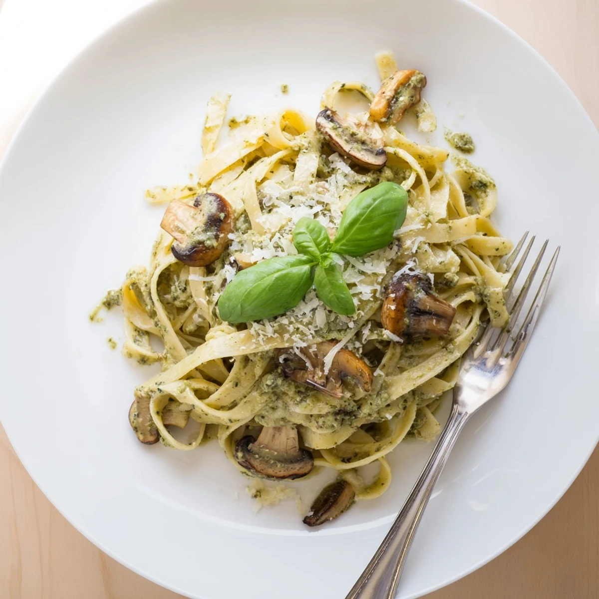Golden brown sautéed mushrooms tossed in creamy pesto sauce with al dente penne pasta, garnished with fresh basil.