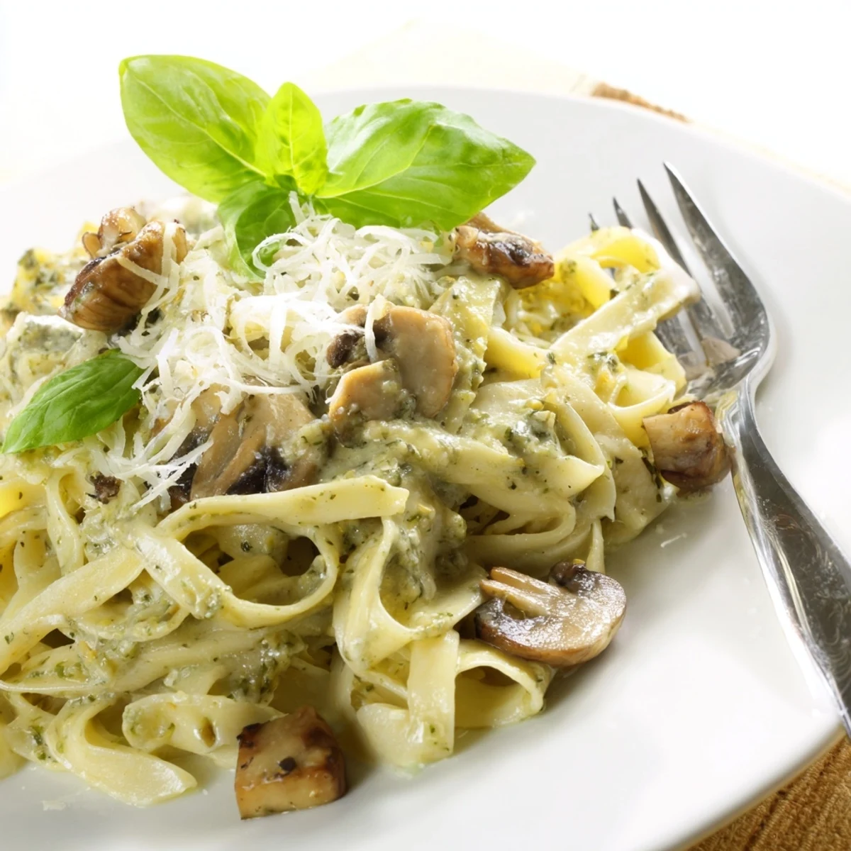 A comforting bowl of Mushroom Pesto Pasta with golden mushrooms, twirled on a fork, ready for dinner.