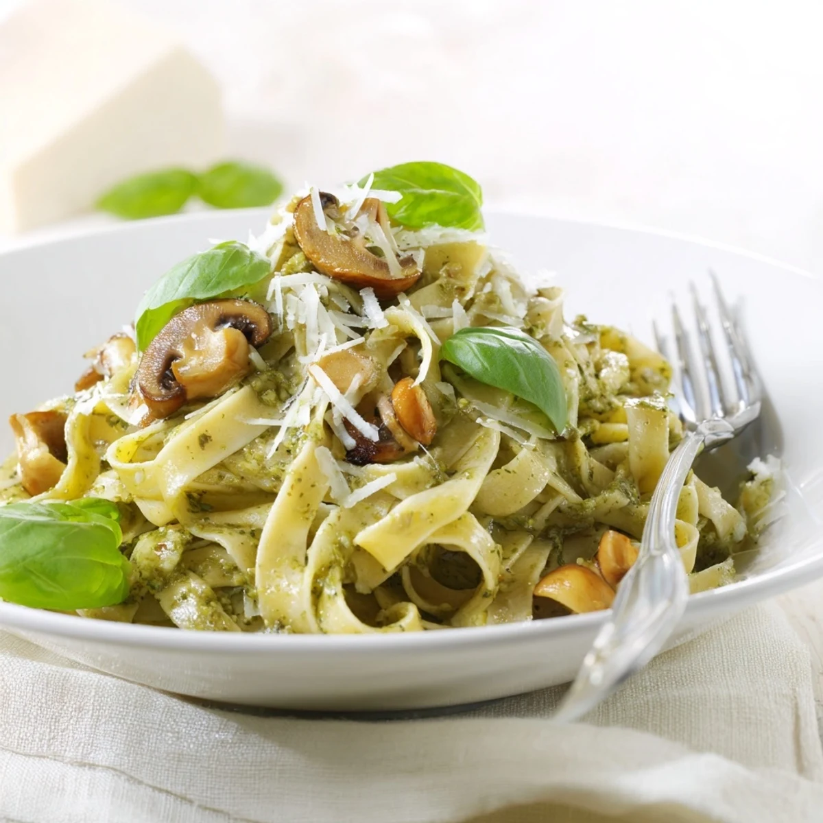 Savory Mushroom Pesto Pasta served hot, featuring tender cremini mushrooms coated in rich basil cream sauce.