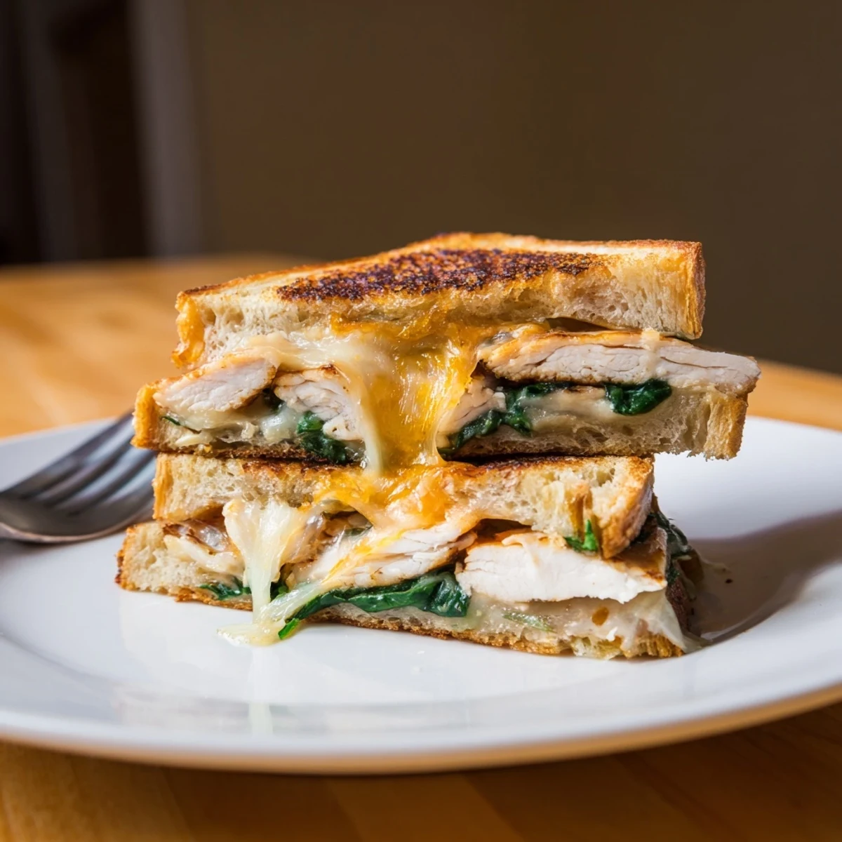 Freshly pressed Grilled Chicken Spinach Panini served on a wooden board, with melted cheese oozing from the garlic-butter toasted sourdough crust.