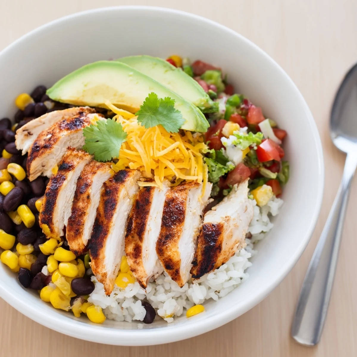 A finished Spicy Chicken Burrito Bowl ready to serve, featuring juicy chicken, cheese, lime wedges, and a scoop of tomato salsa.