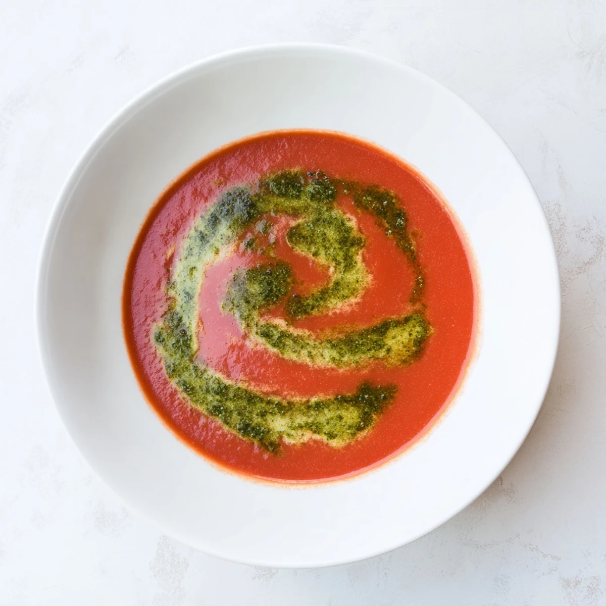 Fresh basil pesto drizzled over velvety tomato soup, garnished with basil leaves and pine nuts.
