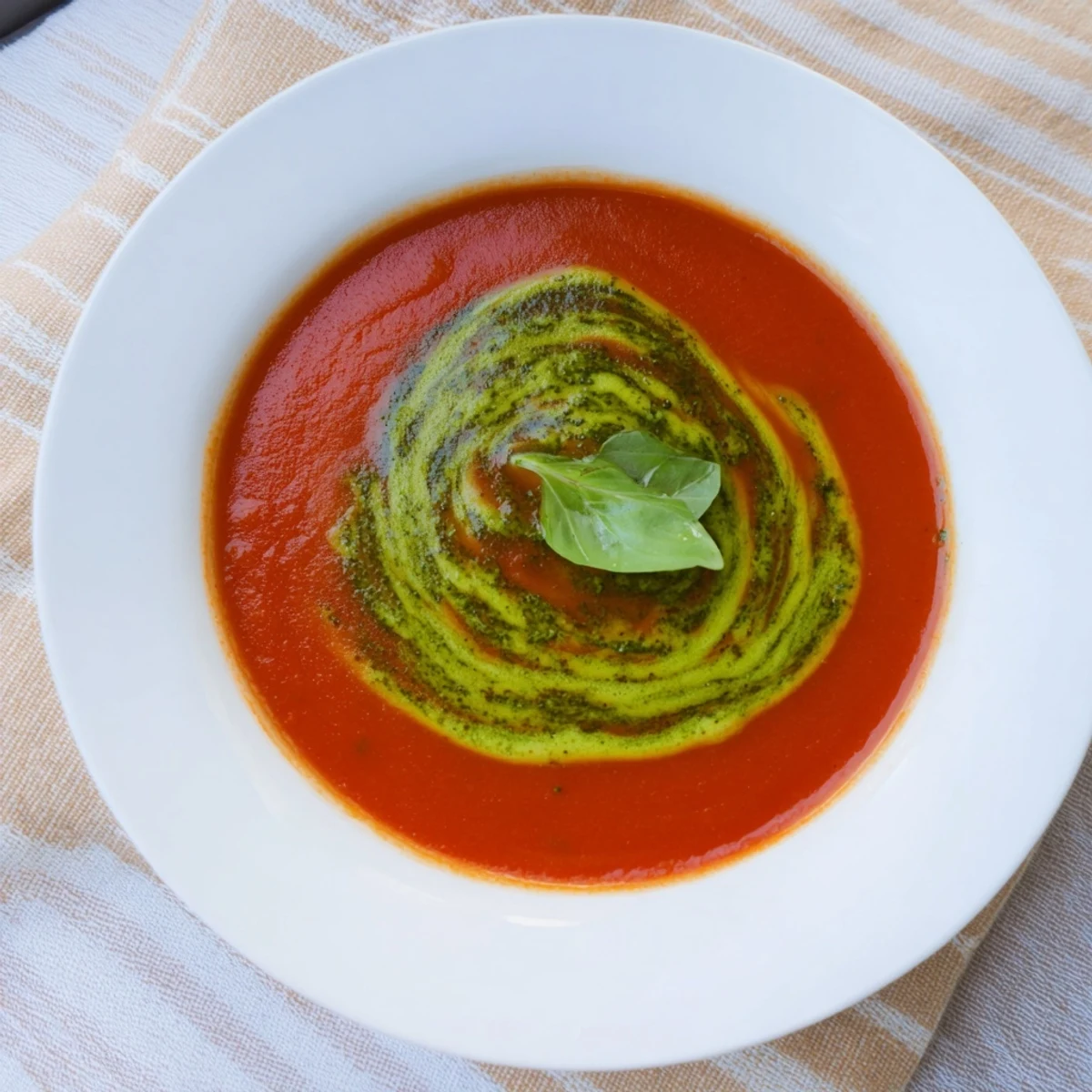 A comforting bowl of tomato soup with basil pesto swirl, paired with a grilled cheese sandwich.