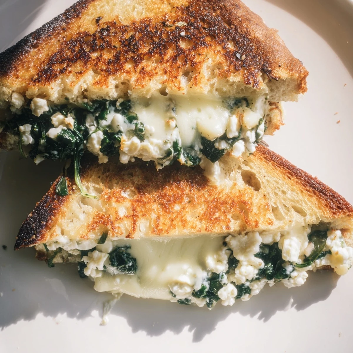 A close-up of the Feta & Spinach Stuffed Grilled Cheese, showcasing layers of vibrant wilted spinach and tangy feta.