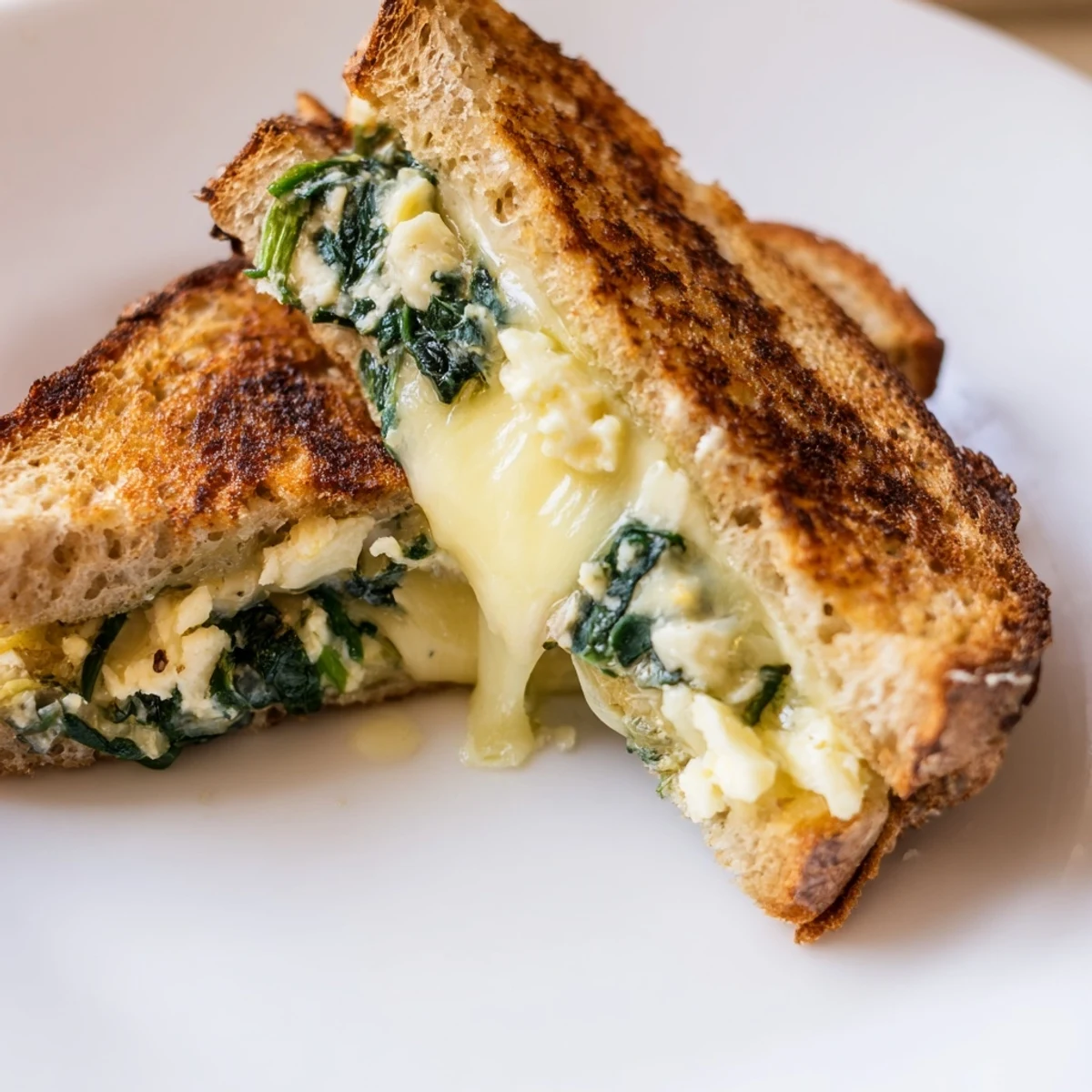 Sizzling golden Feta & Spinach Stuffed Grilled Cheese in a skillet, with melted cheese peeking from crispy sourdough slices.